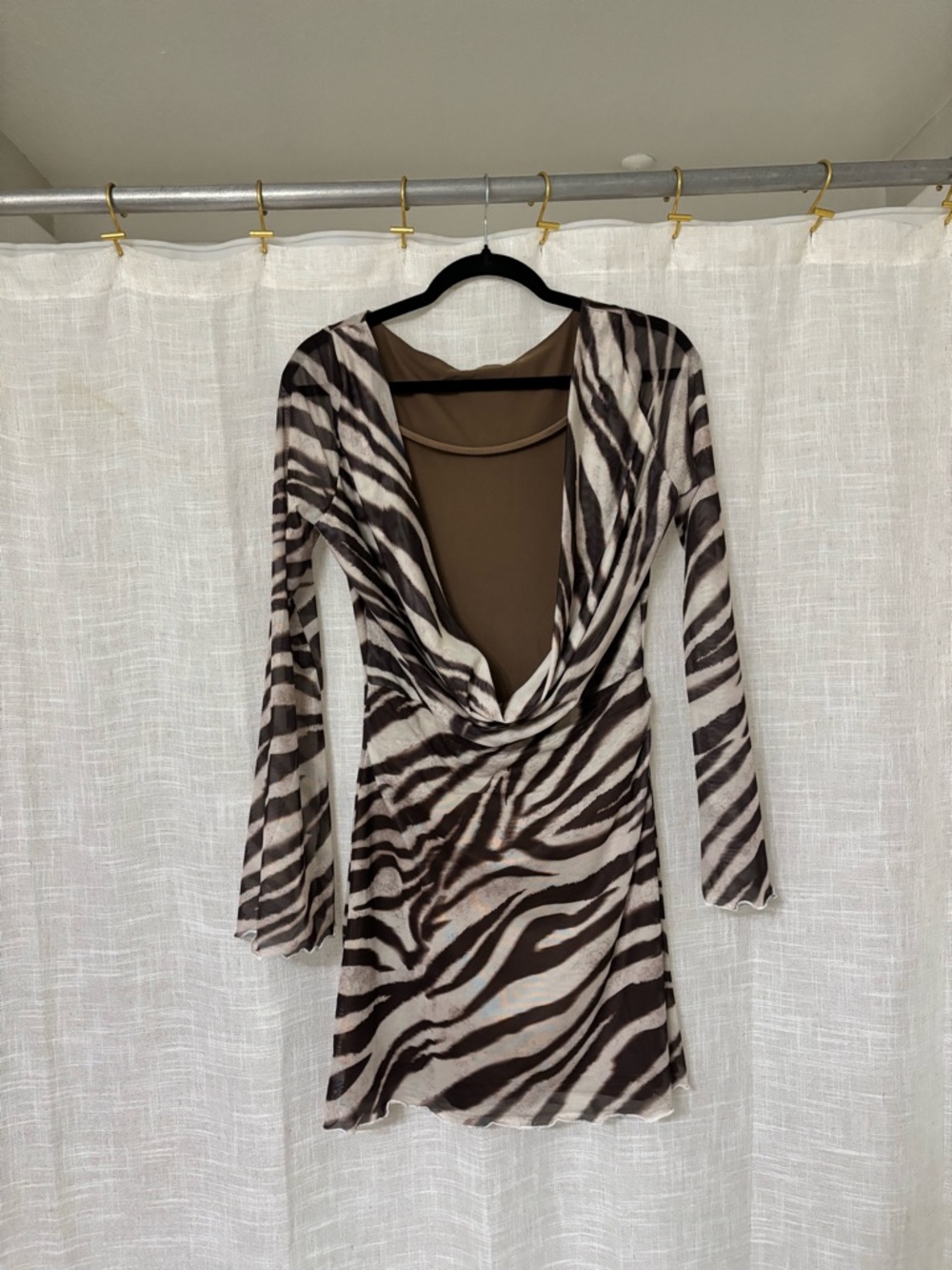 Zebra Print Long Sleeve Mini Dress - Neutral Brown & Cream
